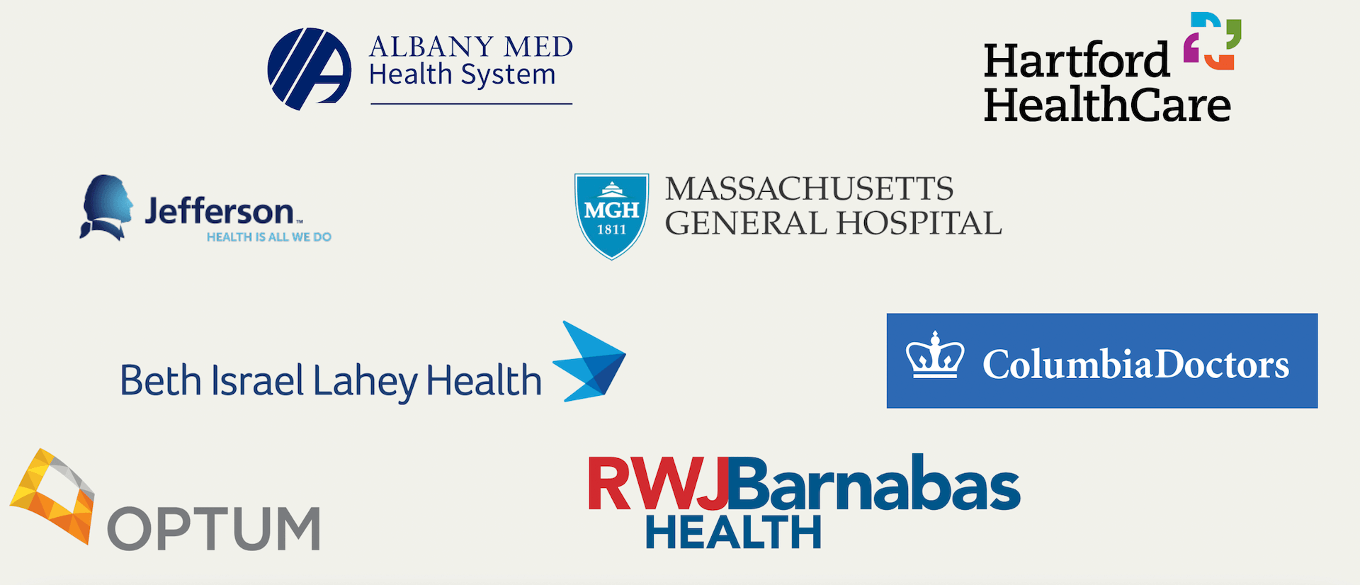 Logos of various healthcare organizations including Albany Med, MGH, RWJ Barnabas, and others.
